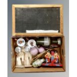 A counter topped display cabinet together with a box containing pottery four piece Sona tea service,