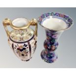 A Noritake gilded twin handled urn together with a Boothes Jacobian pattern vase.