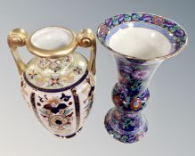 A Noritake gilded twin handled urn together with a Boothes Jacobian pattern vase.