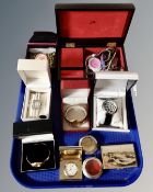 A collection of costume jewellery, wristwatches, compact, lacquered box.