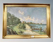 Continental school : A view across a bay, oil on canvas, indistinctly signed, 64cm by 35cm.