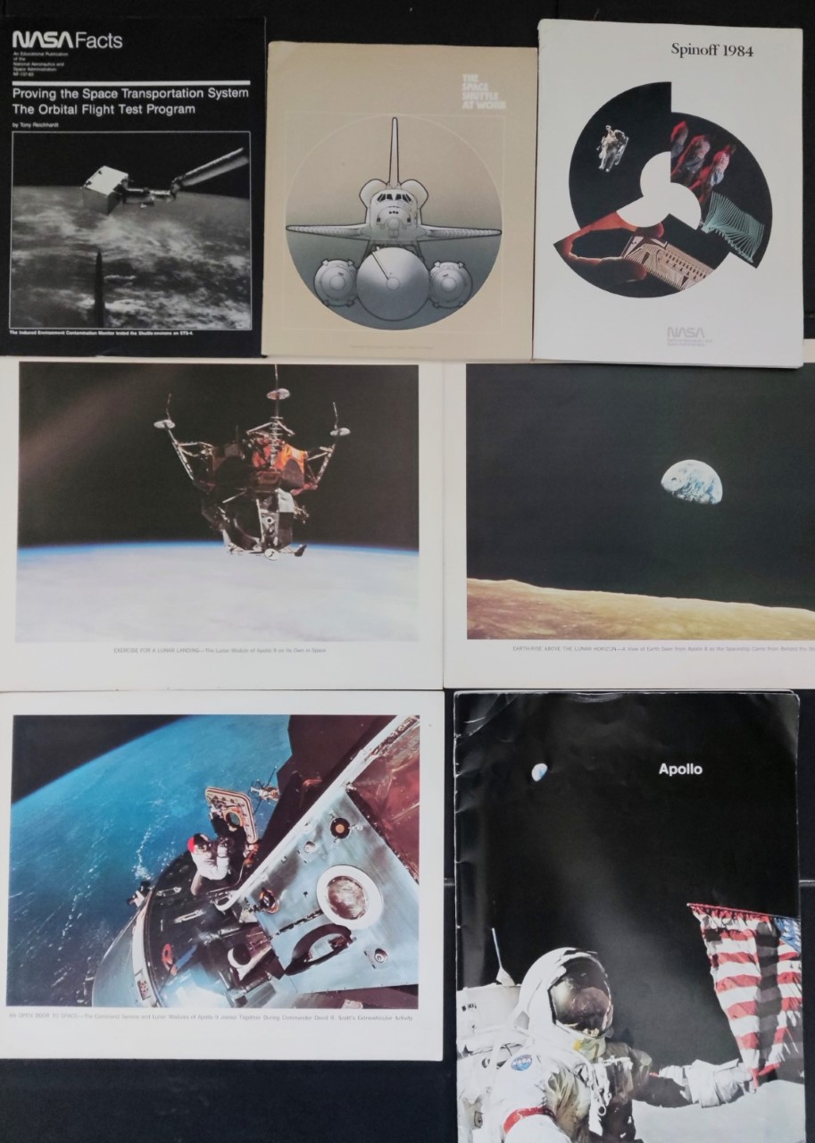 Vintage NASA lithographs (35.5x28 cm's), books, and a children's replica NASA astronaut space suit.