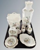 A tray of Aynsley Wild Tudor pattern ceramics including vase, mantel clock,