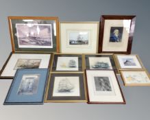 A box of assorted pictures and prints, nautical pictures to include black and white etching,