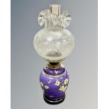 A scarce Maling Cetem Ware oil lamp with glass shade and chimney, circa 1910,