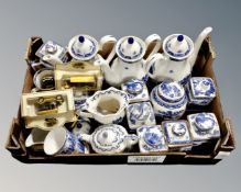 A box containing Ringtons willow pattern ginger jars, hot water jugs, Ringtons die cast vehicles.