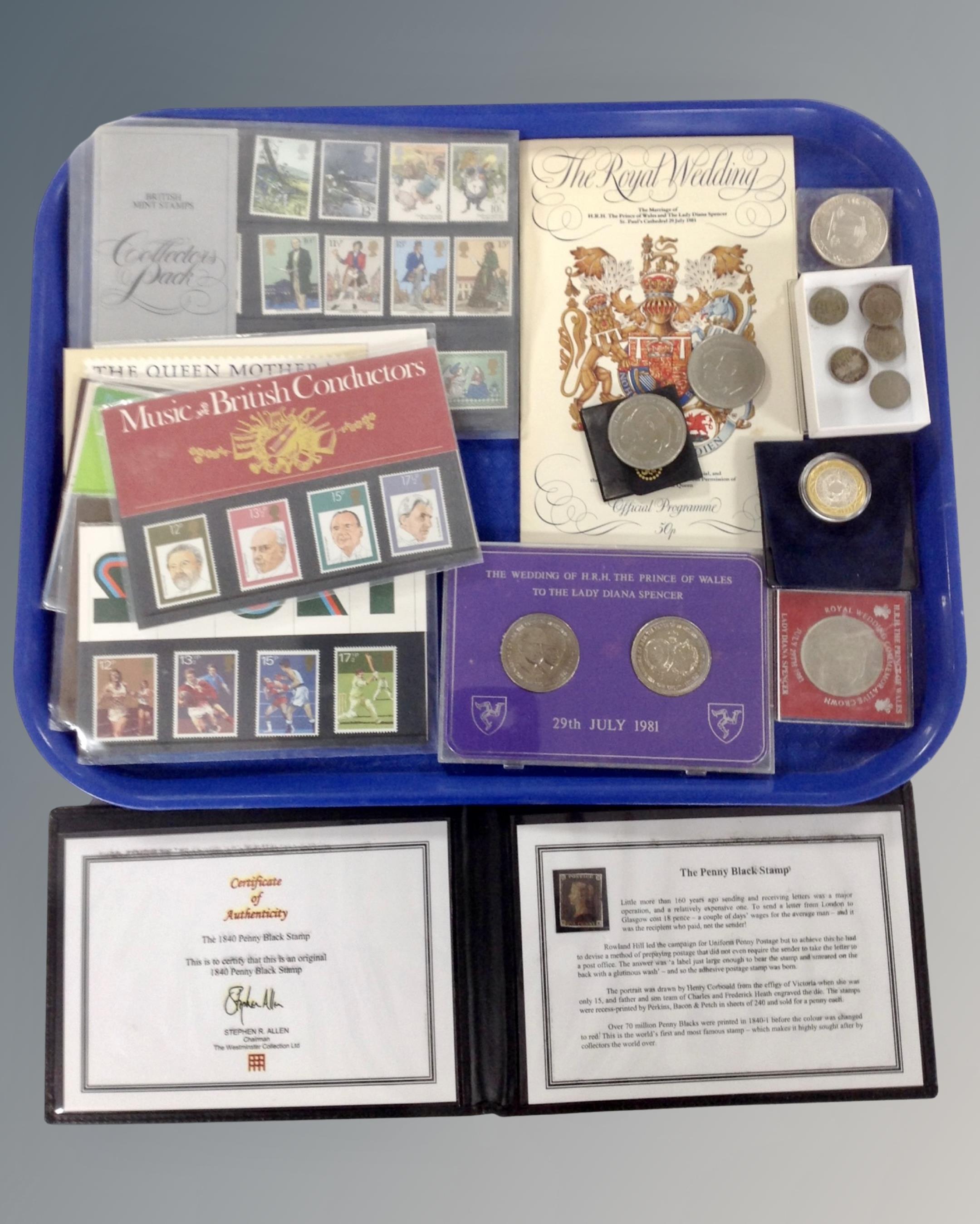 A collection of coins, commemorative issues, penny blank stamp issued by the Westminster collection,