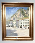 Continental school : Buildings by a hillside, oil on canvas, 43cm by 55cm.