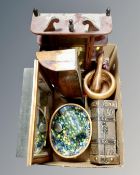 A box of pestle and mortar, letter rack, framed diorama, marbles,