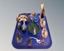 A tray of glass ornaments, glass bird figures etc.