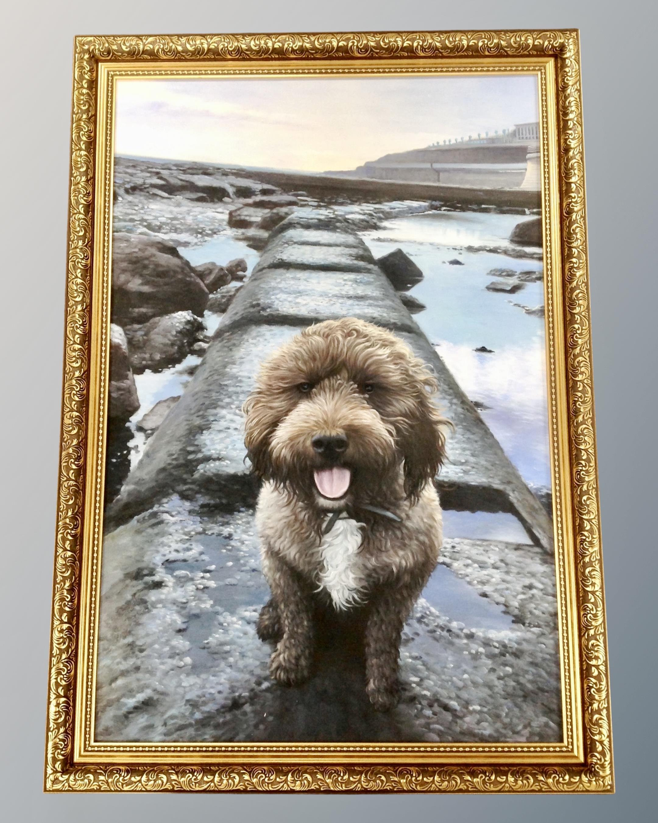 A contemporary oil on board of a dog on a coastline,