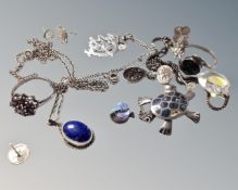 A collection of white metal and silver jewellery including dress ring, pendants, chain etc.