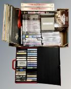 A box containing case of cassette tapes, small quantity of vinyl LP's, Greatest Hits,