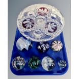 A tray containing a Glass comport, coloured glass paperweights.