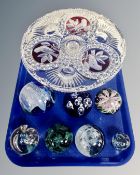 A tray containing a Glass comport, coloured glass paperweights.