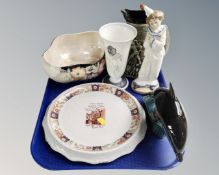A tray of Maling lustre bowl, Poole dolphin, Spanish clown figure, Victorian plate etc.