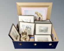 A box of assorted pictures including antique coloured engravings of Newcastle,