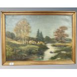 Continental school : a thatched cottage by a river, oil on canvas,