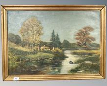 Continental school : a thatched cottage by a river, oil on canvas,