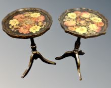 Two floral painted tripod wine tables