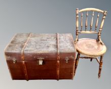 A Victorian occasional chair together with a beech bound shipping trunk
