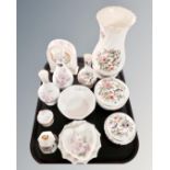 A tray of Aynsley Pembroke pattern china, Aynsley Little Sweetheart vases, mantel clock,