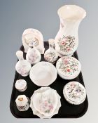 A tray of Aynsley Pembroke pattern china, Aynsley Little Sweetheart vases, mantel clock,