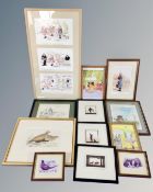 A box of assorted pictures relating to shooting and fowl, signed prints,