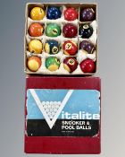 A vintage box of Italite pool balls, size 1¾", together with a table top football game.