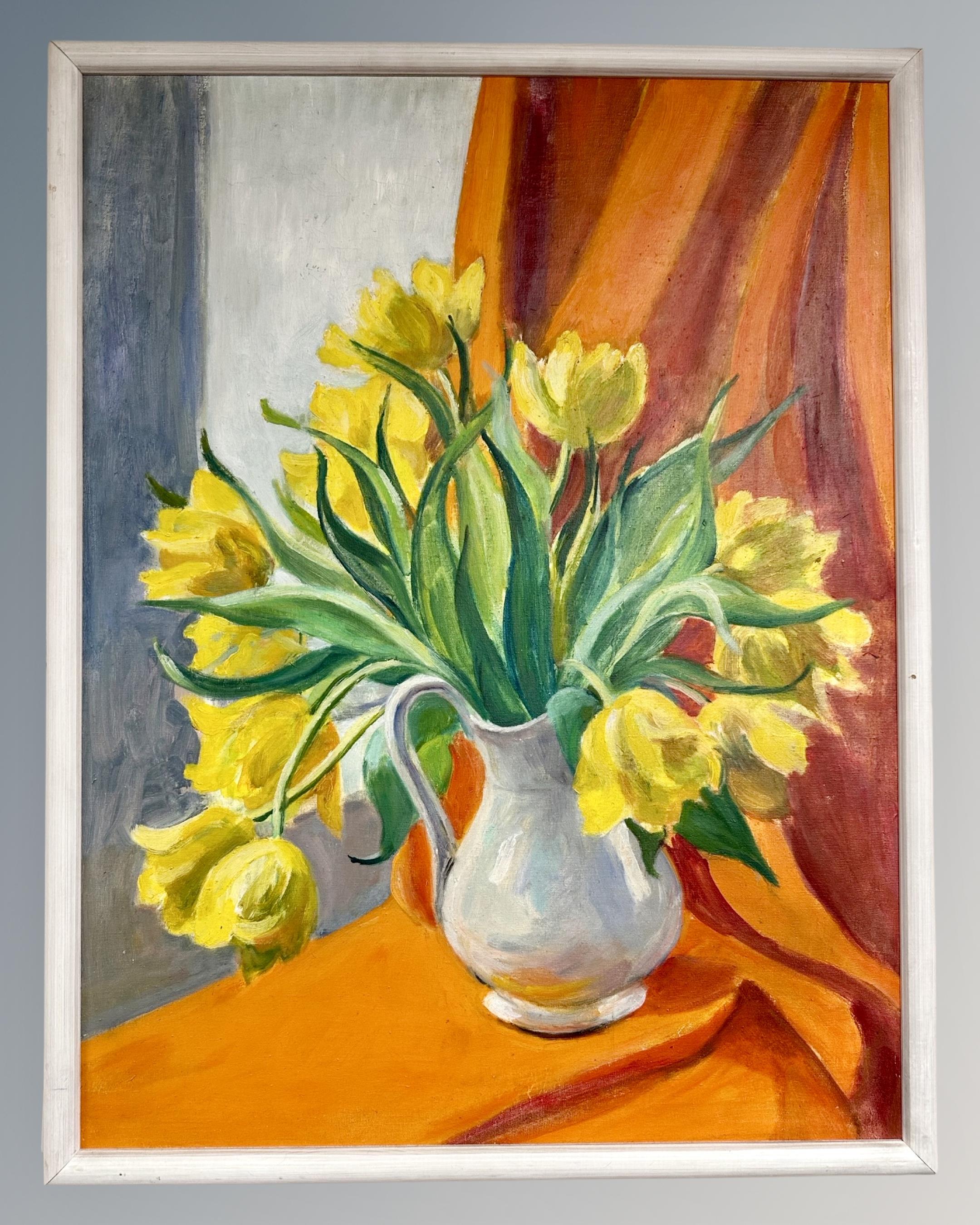 Continental school : Still life of flowers in a jug, oil on canvas, 48cm by 63cm.