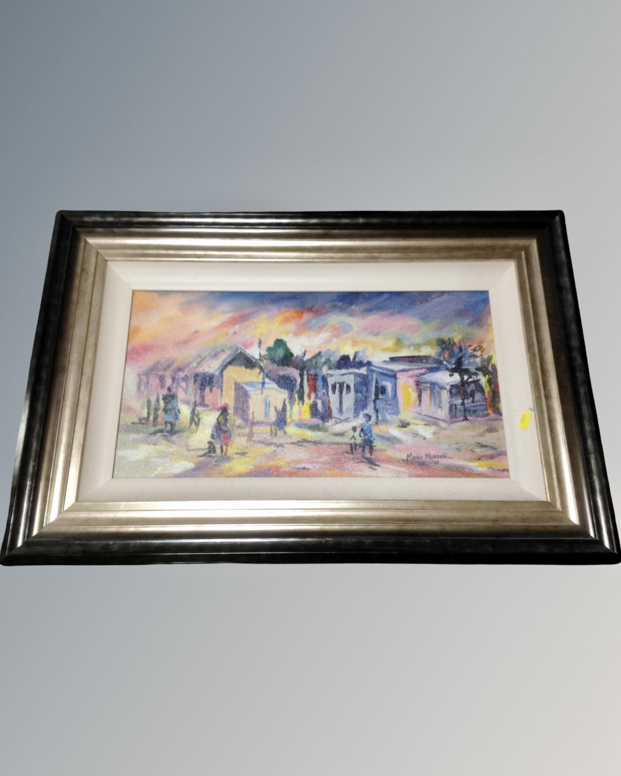 Martin Masoabi : African village scene, oil on board, signed and dated '10, 54cm by 29cm.