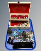 A tray of faux leather jewellery box and jewellery stand,