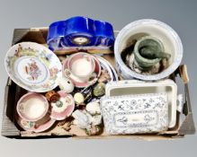 Two boxes of 19th century and later ceramics, large quantity of Willow pattern china, tea ware,