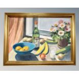 Continental school : Still life with fruit and flowers, oil on canvas, 63cm by 44cm.