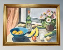 Continental school : Still life with fruit and flowers, oil on canvas, 63cm by 44cm.