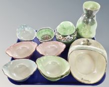 A tray of Maling lustre ware including basket, lidded ginger jar, twin handled dish etc.