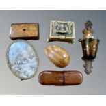 A brass trinket box depicting a castle, a further burr walnut box, a small Chinoiserie wall pocket,
