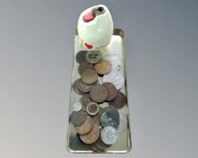A collection of coins including a commemorative crown together with a vintage table lighter.