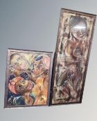 Two pictures depicting native African figures, framed.
