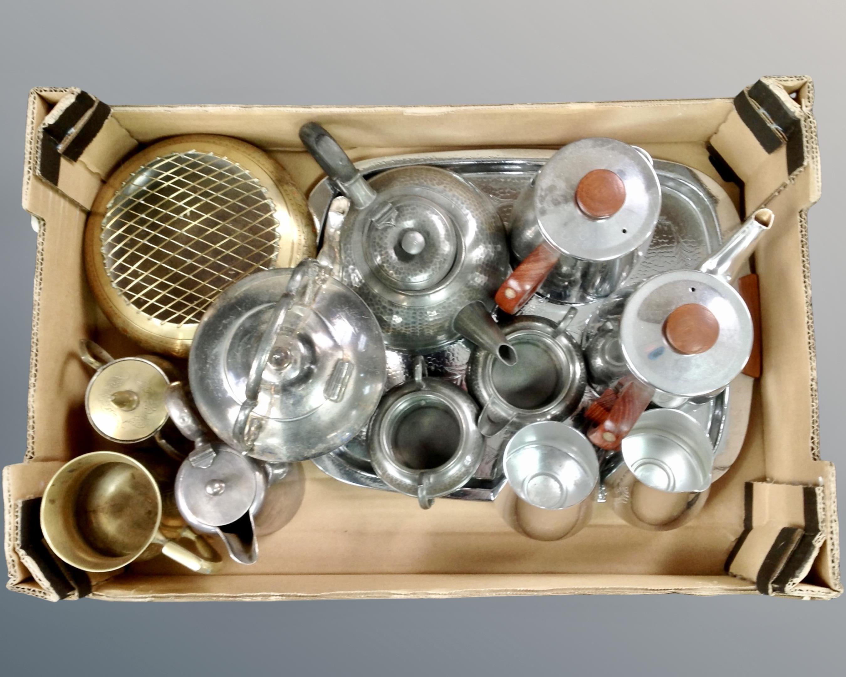 A box containing Sona tea set and tray, Indian brassware, silver plated items, spirit kettle.