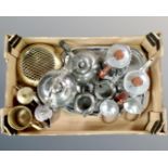 A box containing Sona tea set and tray, Indian brassware, silver plated items, spirit kettle.
