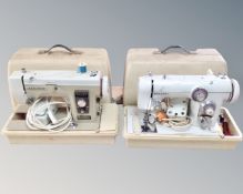 Two New Home electric sewing machines with pedals
