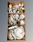 Three boxes containing antique and later ceramics, meat plates, tea ware, Cornish Devon ware teapot,