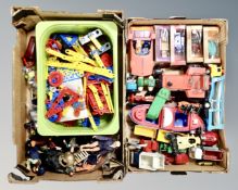 Two boxes of 20th century toys including Meccano construction set, dice counters, Action figures,