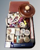 A tray of jewellery box and wooden stand, assorted costume jewellery, compacts,