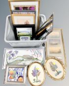 A crate containing assorted needlework panels, leaded framed mirror, Shirley Neil oil-on-board,
