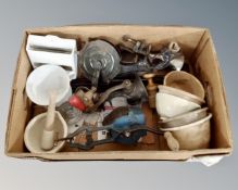 A box of kitchenalia including mincers,