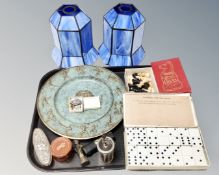 A tray of leaded glass lamp shades, cased dominoes set, Staunton boxwood chess set,