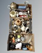 Three boxes of antique and later ceramics and glass, trophies, table lamp,