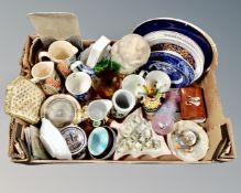 A box containing assorted ceramics, Murano glass vase, oriental style trinket box, etc.